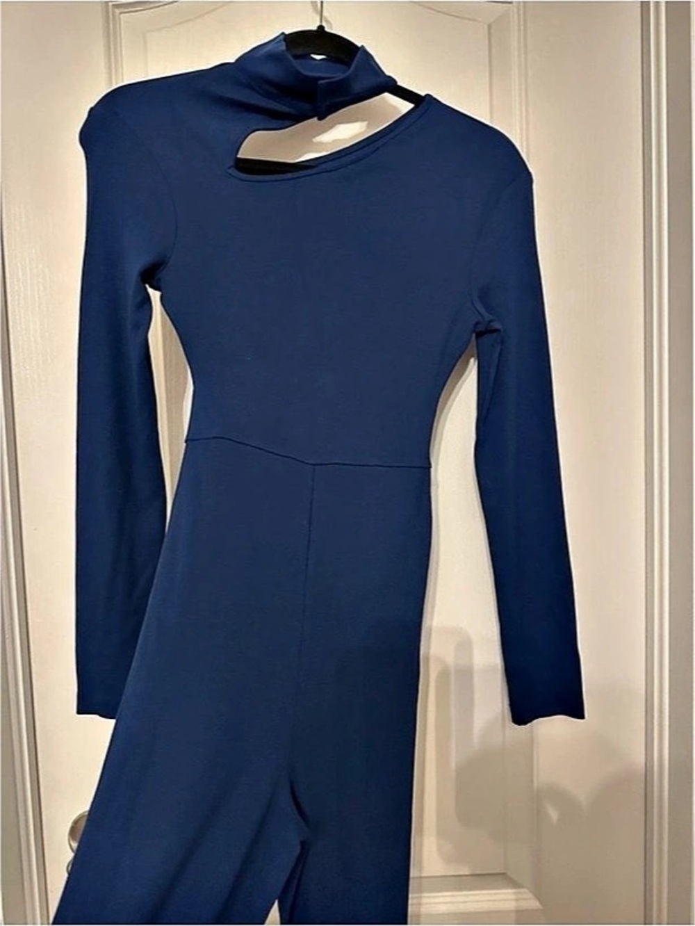 STUDIO One Shoulder Navy Blue Long-Sleeve Waist Tie Flare Jumpsuit